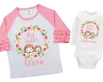 Big Sister Little Sister Matching Shirts Hedgehogs Watercolor Floral Sister Ruffle Raglan Shirt Bodysuit Flutter Sleeve Girl Shirt Flowers