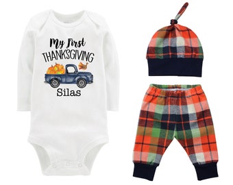 Gobble Festive Threads Unisex Baby Babys First Thanksgiving Lt. Blue, 18 Months T-Shirt Romper