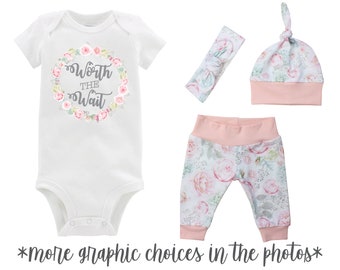 Worth the Wait Newborn Going Home Outfit Rose Hydrangea Floral Watercolor Yoga Leggings Knot Hat Headband Infertility Bodysuit