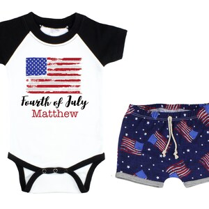 Boy Fourth of July Raglan Outfit Personalized Land of The Free Outfit Baby Summer Bodysuit 4th of July Flag Unisex Flag Shorts