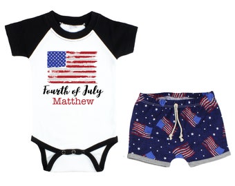 Boy Fourth of July Raglan Outfit Personalized Land of The Free Outfit Baby Summer Bodysuit 4th of July Flag Unisex Flag Shorts