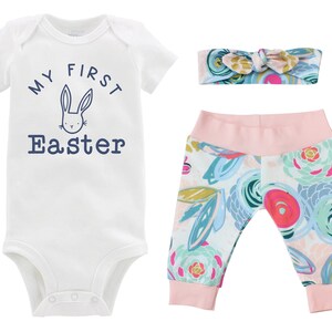 Girl My First Easter Outfit Baby Bunny Easter Pink Blue Floral Yoga Pants Headband Cute Girly