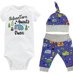 Adventure Awaits Personalized Boy Going Home Set Bodysuit Infant Gift Set Camping Boy Coming Home Outfit Camper Baby Shower Gift
