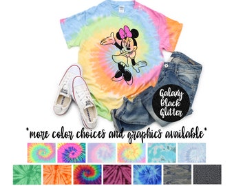 Minnie Tie Dye Vacation Bright Bow Mouse Shirt Galaxy Bright Black Glitter Vinyl Toddler Youth Adult Pastel Tie Dye Neon Rainbow Tie Dye