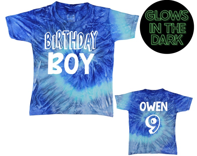 Birthday Boy Tie Dye Shirt Glow in the Dark Blue Jerry Tie Dye Personalized Birthday Party Shirt Age Year Name Blue Spiral Bday