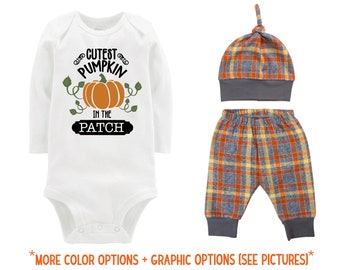 Boy Cutest Pumpkin In The Patch Outfit Fall Baby Outfit Fall Plaid Pants Knot Hat Pumpkins Old Truck Orange Gray Pants Boyish Thanksgiving