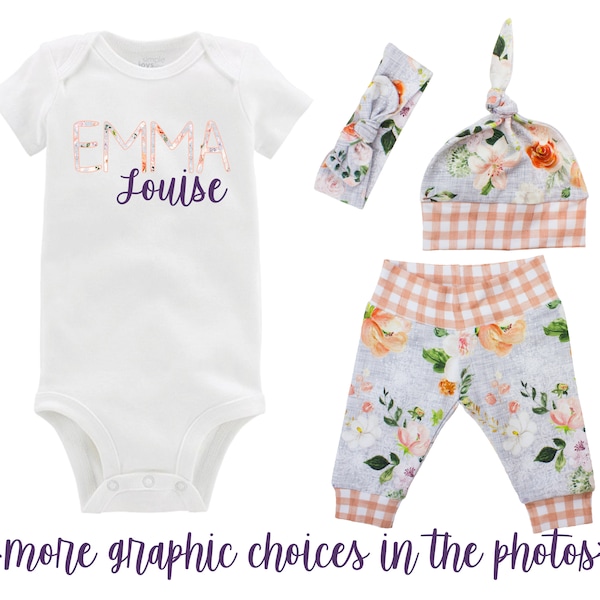 First Name Middle Name Girl Floral Going Coming Home Outfit Newborn Baby Infant Set Wedding Floral Yoga Leggings Top Knot Hat Headband