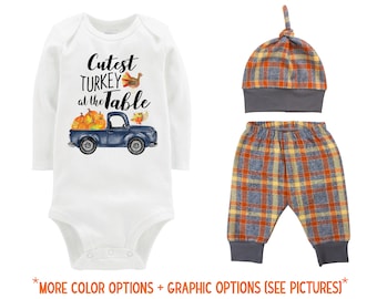 Boy First Thanksgiving Outfit Fall Baby Plaid Pants Knot Hat Turkey Pumpkins Old Truck Orange Gray Pants Boyish HANDMADE in the USA