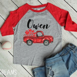 Boy Valentine's Day Shirt Vintage Red Truck Personalized Red Gray Raglan Old Red Truck Name Shirt Boy Toddler Baby Youth Shirt