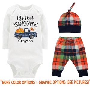Boy First Thanksgiving Outfit Old Blue Truck Fall Outfit Plaid Pants Knot Hat Turkey Pumpkins Orange Blue Plaid Pants Boyish Thanksgiving