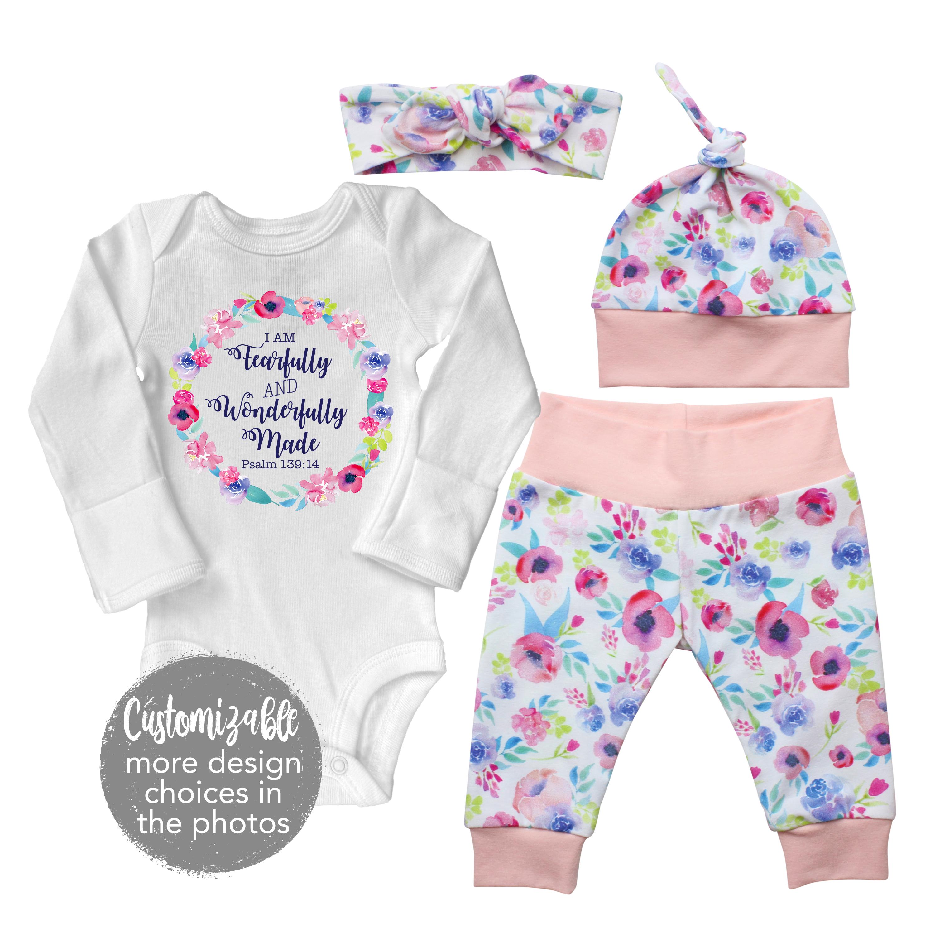 Fearfully and Wonderfully Made Going Coming Home Outfit Pastel Watercolor Floral Watercolor Yoga Leggings Knot Hat Headband New Baby Infant