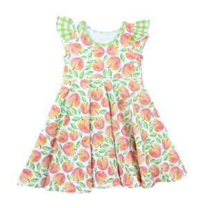Peach Twirly Dress Gingham Flutter Sleeves Watercolor Peaches Spring Summer Full Circle Skirt Baby Toddler Girls Fruit Dress Peach Picking