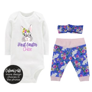 Girl First Easter Bunny Outfit Purple Floral Bunny Flowers Rainbow Baby Infant Easter Outfit Yoga Pants Headband Floral Bunny Baby Gift Set