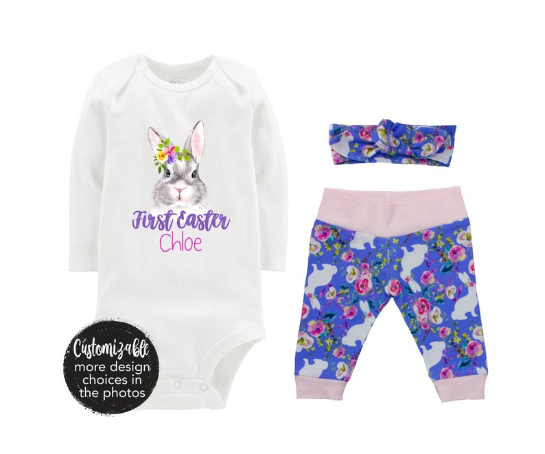 Fille premier lapin de Pâques tenue fleurs lapin floral violet arc-en-ciel bébé bébé tenue de Pâques pantalon de yoga bandeau lapin floral bébé cadeau image 1
