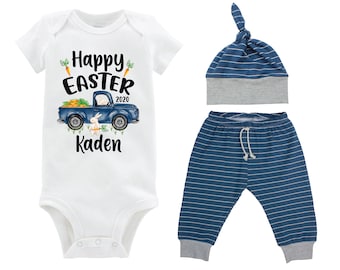 Boy Happy Easter Outfit Personalized Baby Easter Bunny Truck Boy Stripe Pants Carrots Going Home Outfit Green Navy Boy Baby Gift Boyish Bun