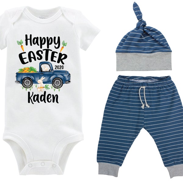 Boy Happy Easter Outfit Personalized Baby Easter Bunny Truck Boy Stripe Pants Carrots Going Home Outfit Green Navy Boy Baby Gift Boyish Bun