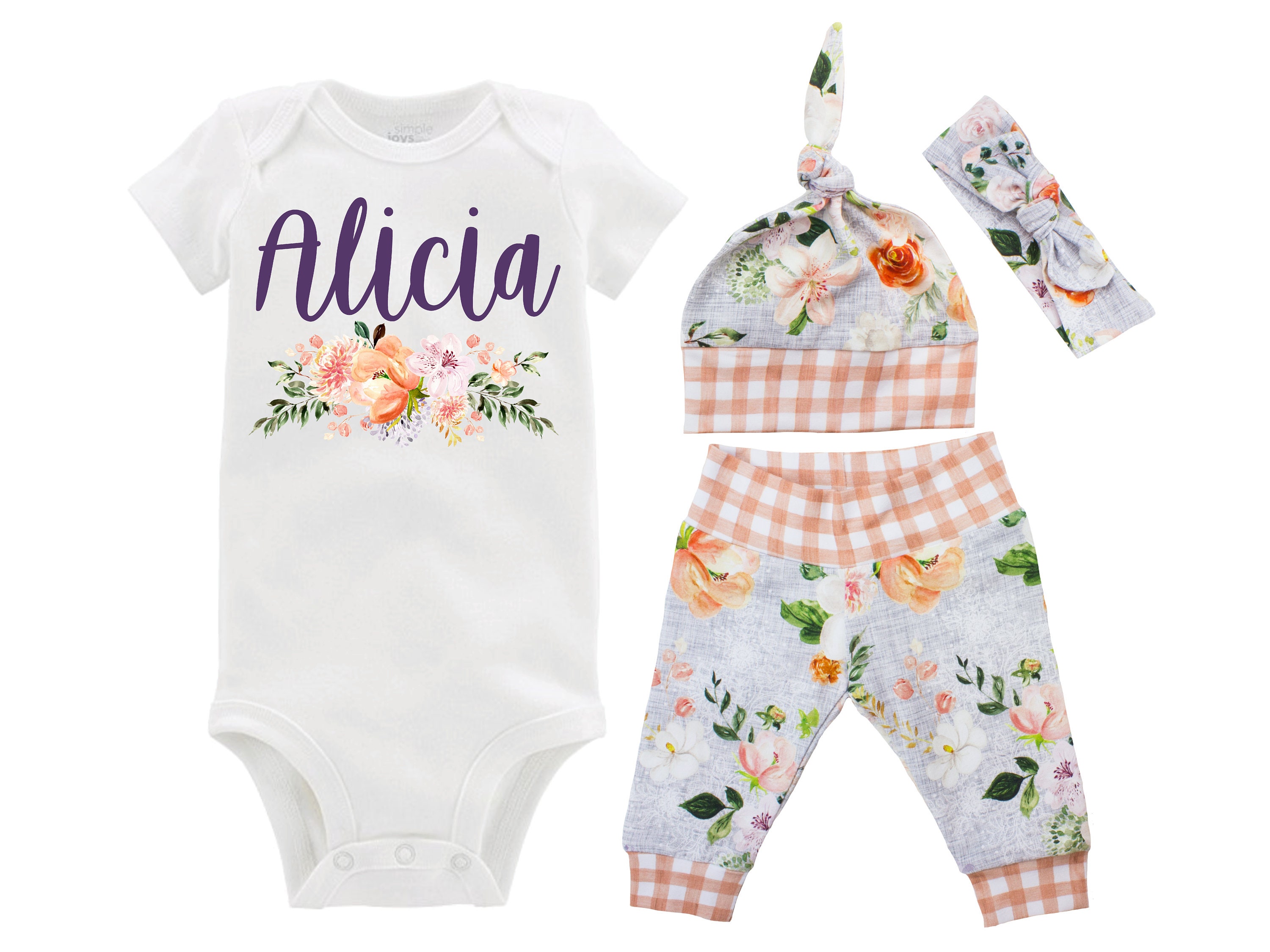 Personalized Newborn Going Home Outfit Girl Baby Name Orange Gray Wedding Floral Gingham Yoga