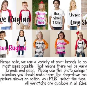 May include: Collage of different styles of children's shirts, including long sleeve, short sleeve, and raglan styles. The shirts are available in a variety of colors and patterns, including red, black, orange, and plaid. The text "Red Sleeve Raglan", "Black Sleeve Raglan", "Flutter Sleeve Shirt", "Short Sleeve T-Shirt", "Unisex Long Sleeve T-Shirt", "Girl Long Sleeve T-Shirt", "Boy Long Sleeve T-Shirt", "Orange Ruffle Raglan", "Orange Unisex Raglan", "Red Ruffle Raglan", and "Buffalo Plaid Raglan" is visible on the shirts.