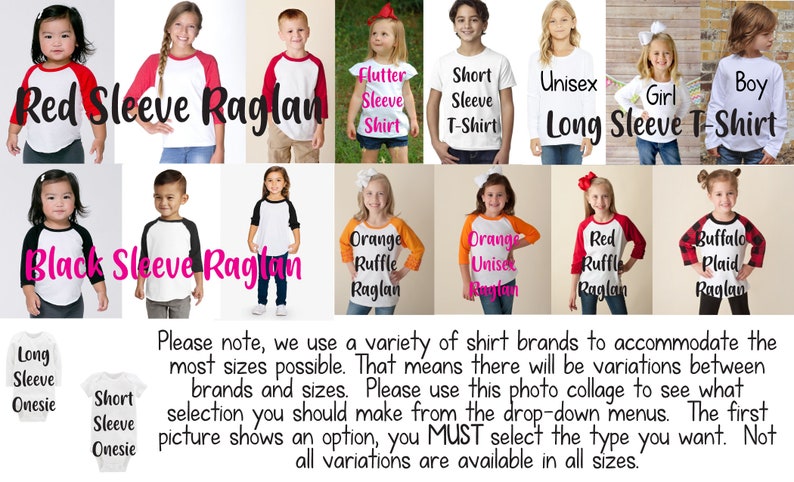 May include: Collage of different styles of children's shirts, including long sleeve, short sleeve, and raglan styles. The shirts are available in a variety of colors and patterns, including red, black, orange, and plaid. The text "Red Sleeve Raglan", "Black Sleeve Raglan", "Flutter Sleeve Shirt", "Short Sleeve T-Shirt", "Unisex Long Sleeve T-Shirt", "Girl Long Sleeve T-Shirt", "Boy Long Sleeve T-Shirt", "Orange Ruffle Raglan", "Orange Unisex Raglan", "Red Ruffle Raglan", and "Buffalo Plaid Raglan" is visible on the shirts.