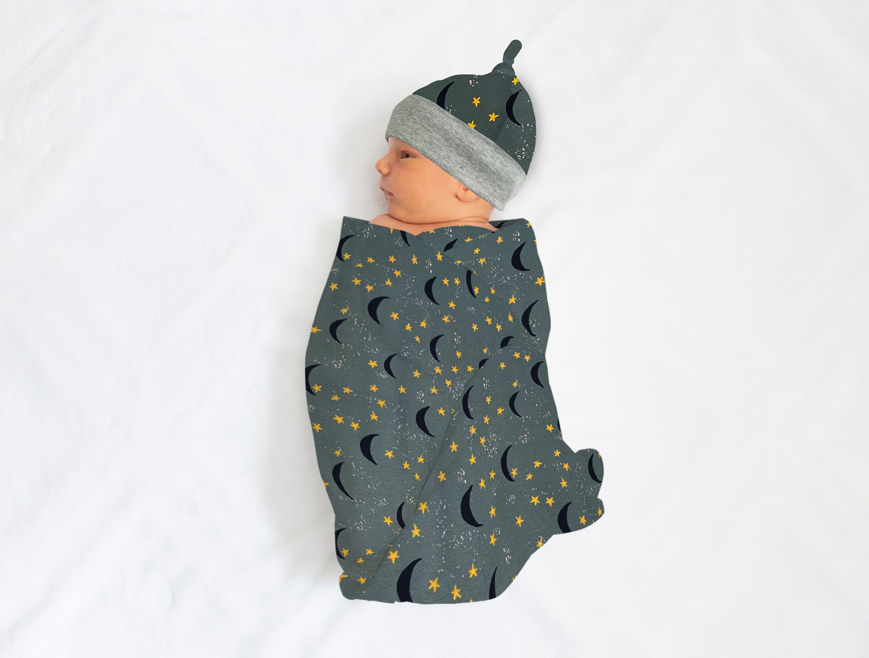 Soft Green Moons Stars Space Newborn Swaddle Set Boy Blanket Top Knot