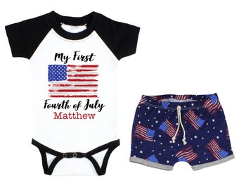 Boy My First Fourth of July Raglan Outfit Personalized Outfit Baby Summer Bodysuit 4th of July Blue Flag Outfit Unisex Flag Shorts