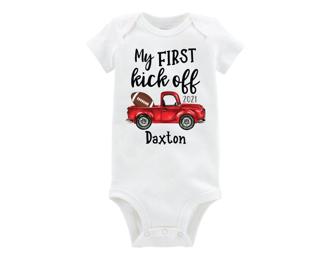 My First Kick Off Football Bodysuit Red Truck Boy Baby Personalized Monogrammed Long or Short Sleeve Super Bowl Football Season Playoffs