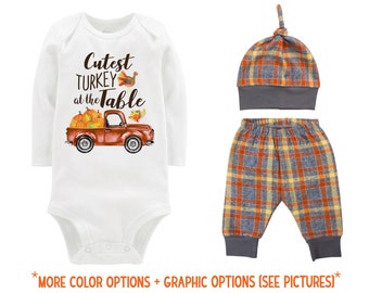 Boy First Thanksgiving Outfit Baby Plaid Pants Knot Hat Turkey Pumpkins Old Truck Orange Gray Pants Boyish Thanksgiving HANDMADE in the USA