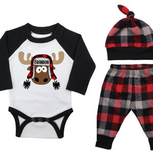 Jongen geruit kerst eland gepersonaliseerde raglan outfit doos jongen kerst romper buffel flanellen broek winter jongen rood zwart buffel geruite