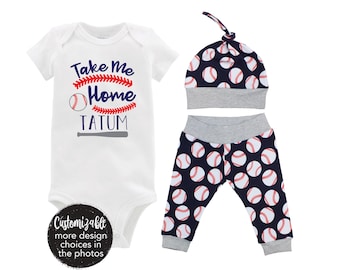 Boy Baseball Coming Home Outfit Take Me Home Personalized Baby Coming Home Outfit Yoga Pants Navy Blue Gray Baseball Boy Knot Hat Baby Gift