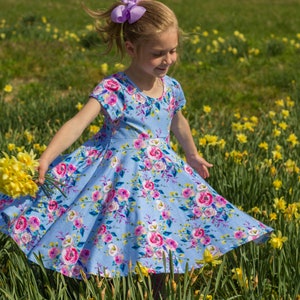 Blue Summer Twirly Dress Watercolor Floral Spring Easter Dress Toddler Dress Girl Dress Blue Pink Yellow Twirl Dress Short Sleeve Knit Dress image 3