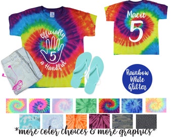 Officially a Handful Five Year Old Girl Birthday Tie Dye Shirt Black Glitter Vinyl Birthday Girl Birthday Shirt Tween Birthday Shirt