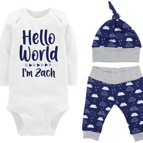 Boy Hello World Personalized Name Coming Home Outfit Bodysuit - Etsy