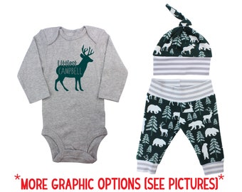 Personalized Deer Littlest Name Adventure Awaits Nature Moose Trees Bodysuit Infant Gift Set Boy Coming Home Outfit Buck Deer Grey