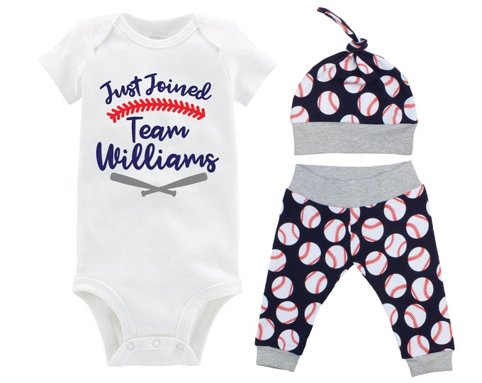 Boy Baseball Going Home Outfit Just Joined Team Personalized Baby Coming Home Outfit Yoga Pants Blue Gray Baseball Boy Knot Hat Baby Gift