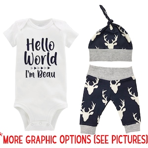 Boy Hello World Personalized Name Coming Home Outfit Bodysuit Infant Gift Set Gray Navy Deer Boy Going Home Set Baby Shower Gift Newborn image 7
