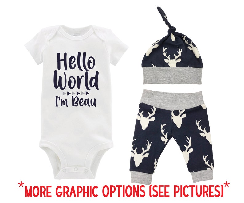 Boy Hello World Personalized Name Coming Home Outfit Bodysuit Infant Gift Set Gray Navy Deer Boy Going Home Set Baby Shower Gift Newborn zdjęcie 7