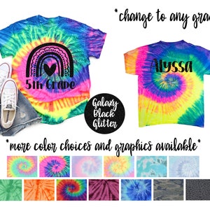 Camisa personalizada para meninas da 5ª série, tintura pastel, menta, galáxia, brilhante, preta, vinil, branco, arco-íris, camisa para meninas, volta às aulas