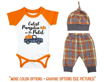 Boy Cutest Pumpkin In The Patch Outfit Fall Baby Raglan Outfit Fall Plaid Pants Knot Hat Pumpkins Old Truck Orange Gray Orange Baby Raglan