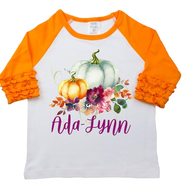 Fall Floral Pumpkin Shirt Monogram Name Personalized Watercolor Floral Girl Shirt Orange Mauve Girly Pumpkin Halloween Thanksgiving