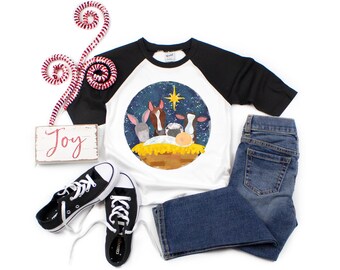 Nativity Raglan Manger Scene Animals Baby Jesus Boy Christmas Shirt T-Shirt Tee Star Night Sky Unisex Nativity Shirt Winter Xmas Christian