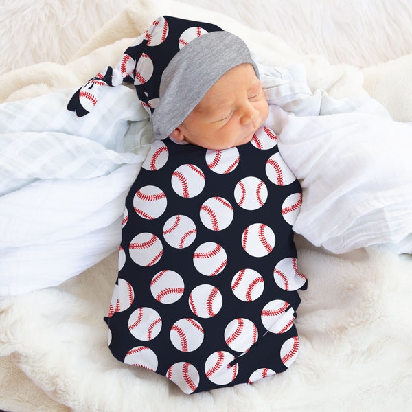 Navy Baseball Swaddle Set Boy Baseball Blanket Top Knot Hat Jersey Knit Infant Gift Set Baby Shower Sports Baseball Navy Red Gray White