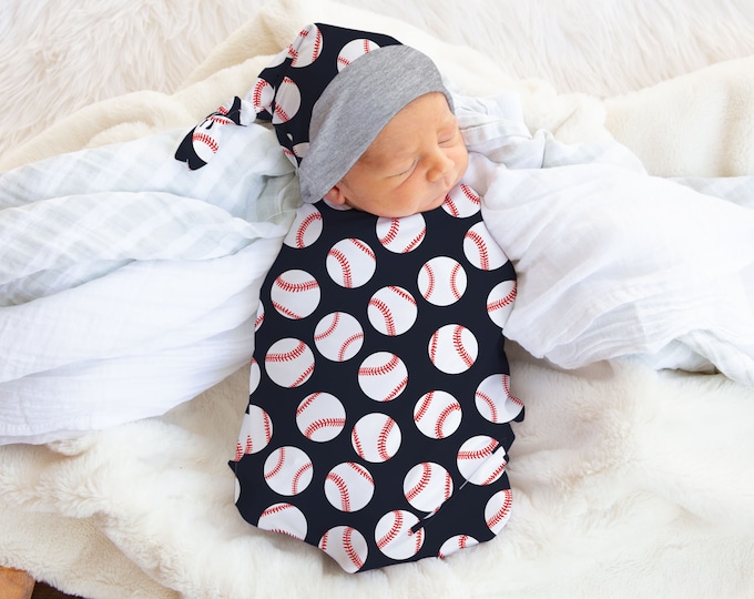 Navy Baseball Swaddle Set Boy Baseball Blanket Top Knot Hat Jersey Knit Infant Gift Set Baby Shower Sports Baseball Navy Red Gray White