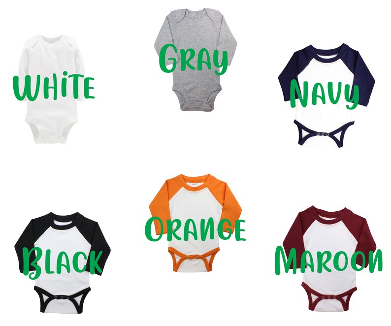 May include: Six baby onesies in different colors with a baseball tee design. The onesies are white, gray, navy, orange, black, and maroon. The text on the onesies reads "White", "Gray", "Navy", "Orange", "Black", and "Maroon".