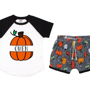 Boy Fall Pumpkin Patch Outfit Personalized Monogram Raglan Pumpkin Shorts Black Gray Orange Black Unisex T-Shirt Pumpkin Outfit Halloween