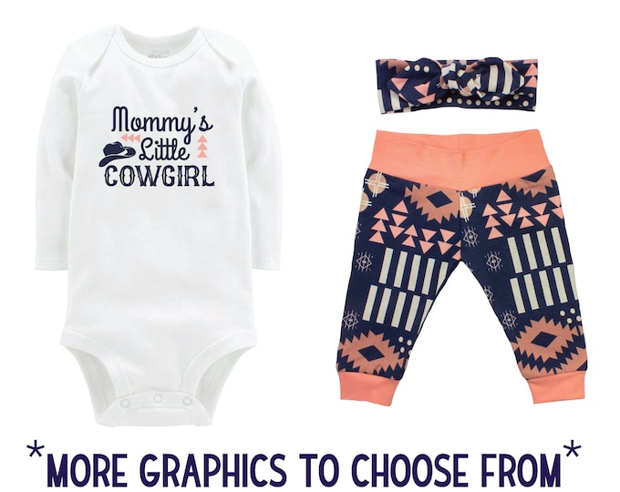 Mommy's Little Cowgirl Outfit Aztec Cowgirl Onesie Pant Headband Girl Outfit Horse Rodeo Outfit Blue Coral Going Home Outfit Baby Infant