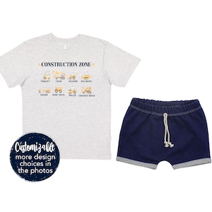 Boy Construction Outfit Bodysuit Shirt Blue Shorts Trucks Equipment Toys Dump Truck Backhoe Grader Digging Concrete Infant Toddler Outfit