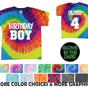 Birthday Boy Tie Dye Shirt Glow in the Dark Reactive Rainbow Tie Dye Jersey Font Personalized Birthday Party Shirt Age Name Rainbow Spiral