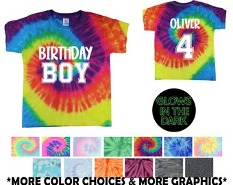 Birthday Boy Tie Dye Shirt Glow in the Dark Reactive Rainbow Tie Dye Jersey Font Personalized Birthday Party Shirt Age Name Rainbow Spiral