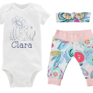 Girl Easter Outfit Personalized Baby Bunny Easter Pink Blue Floral Bunny Bodysuit Yoga Pants Headband Cute Girly