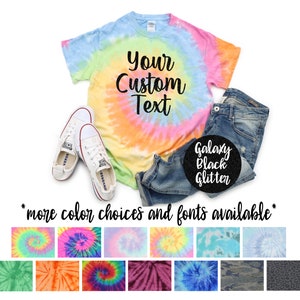 Custom Wording Personalized Tie Dye Shirt Glitter Minty Neon Rainbow Pastel Rainbow Adult Youth Toddler Unisex T-Shirt Tie Dye Shirts Sizes